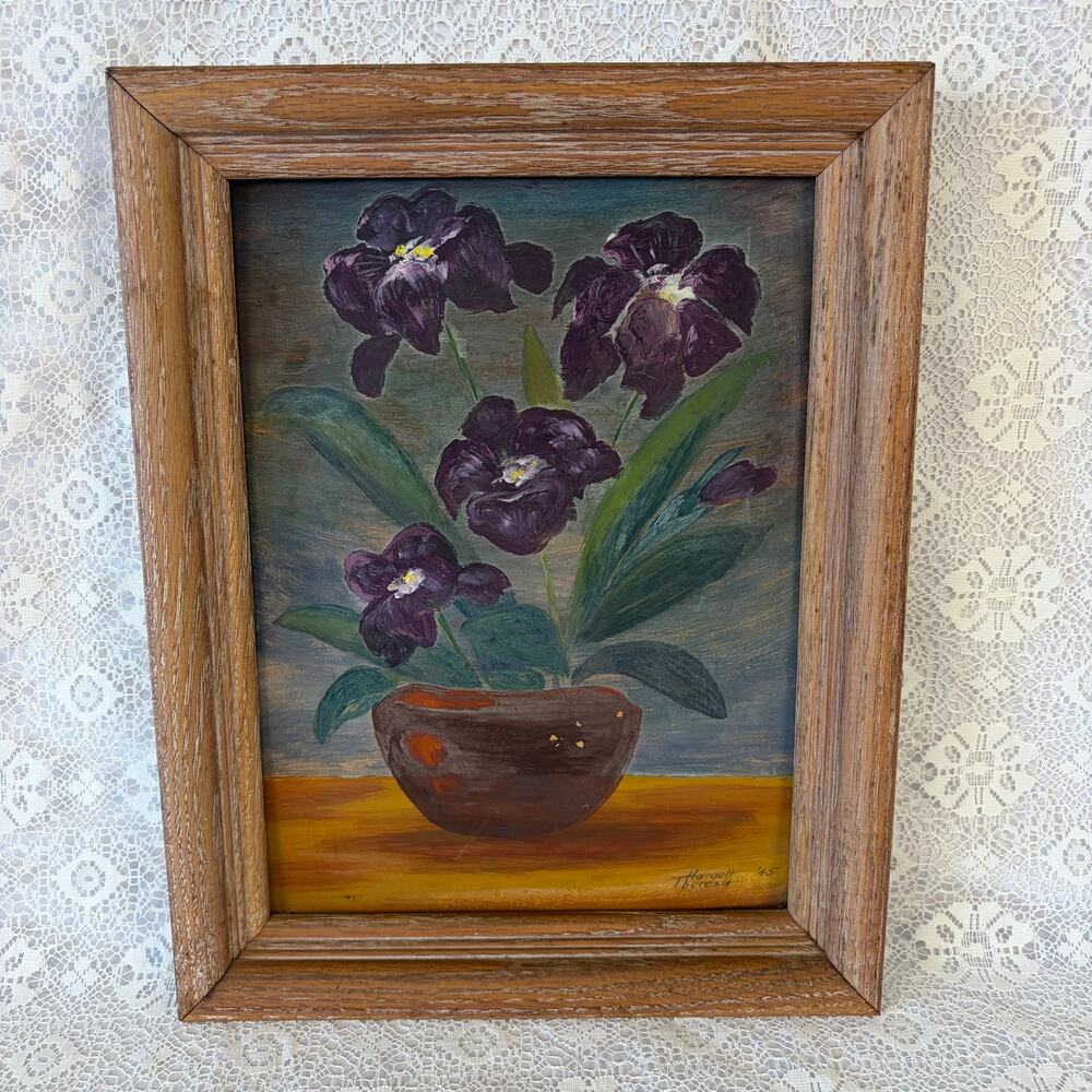 Vintage Original Floral 8 x 10 Oil Painting Framed by Theresa Hargett, 1945